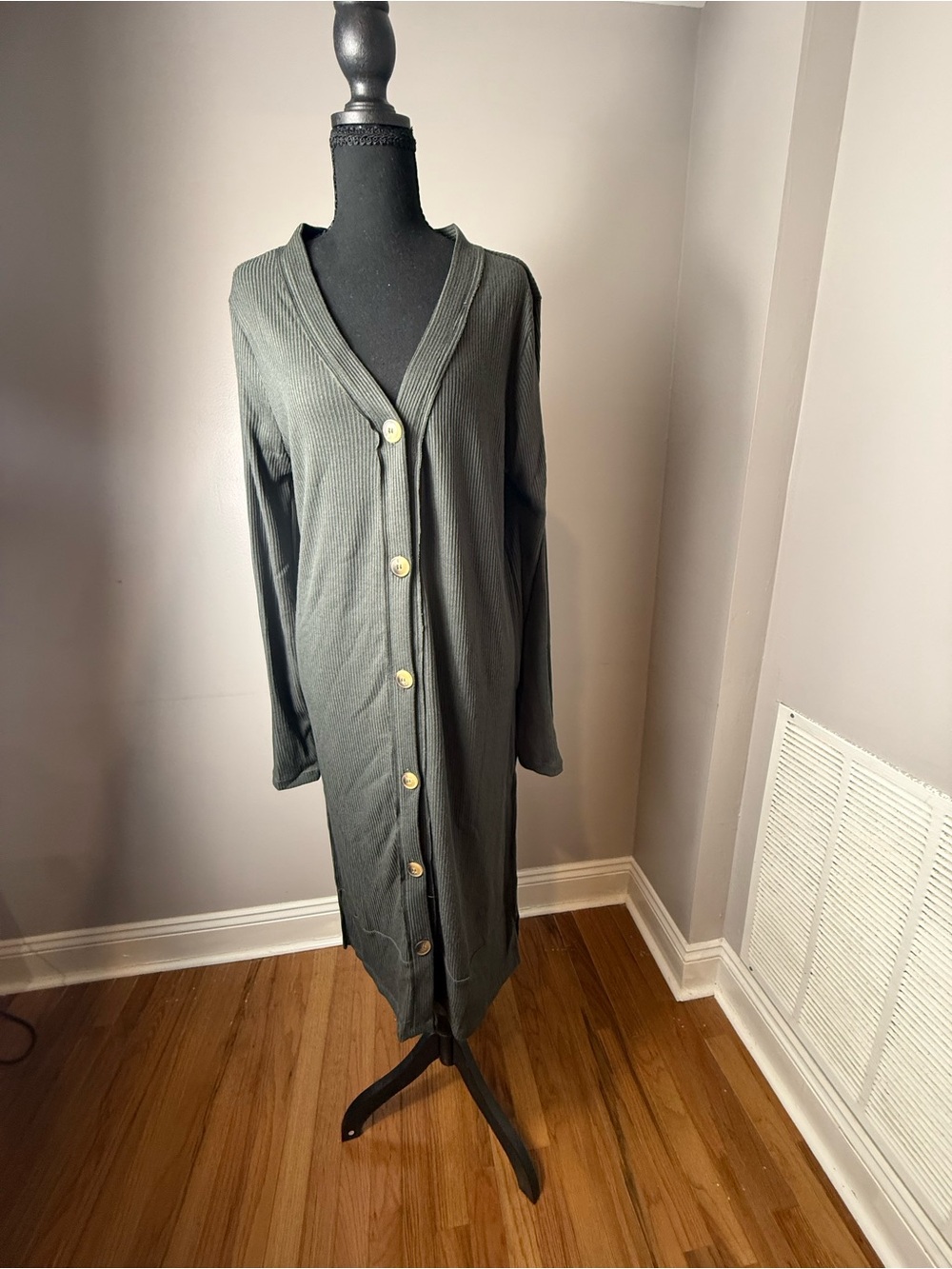 Zenana Outfitters Long Button-Front slide slit sweater- Charcoal Gray